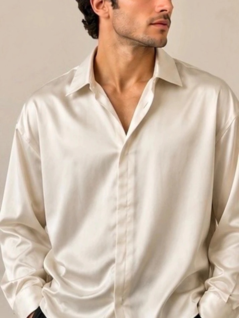 NOVA MEN Satin-Look Button Down in Cream Size Small NWT